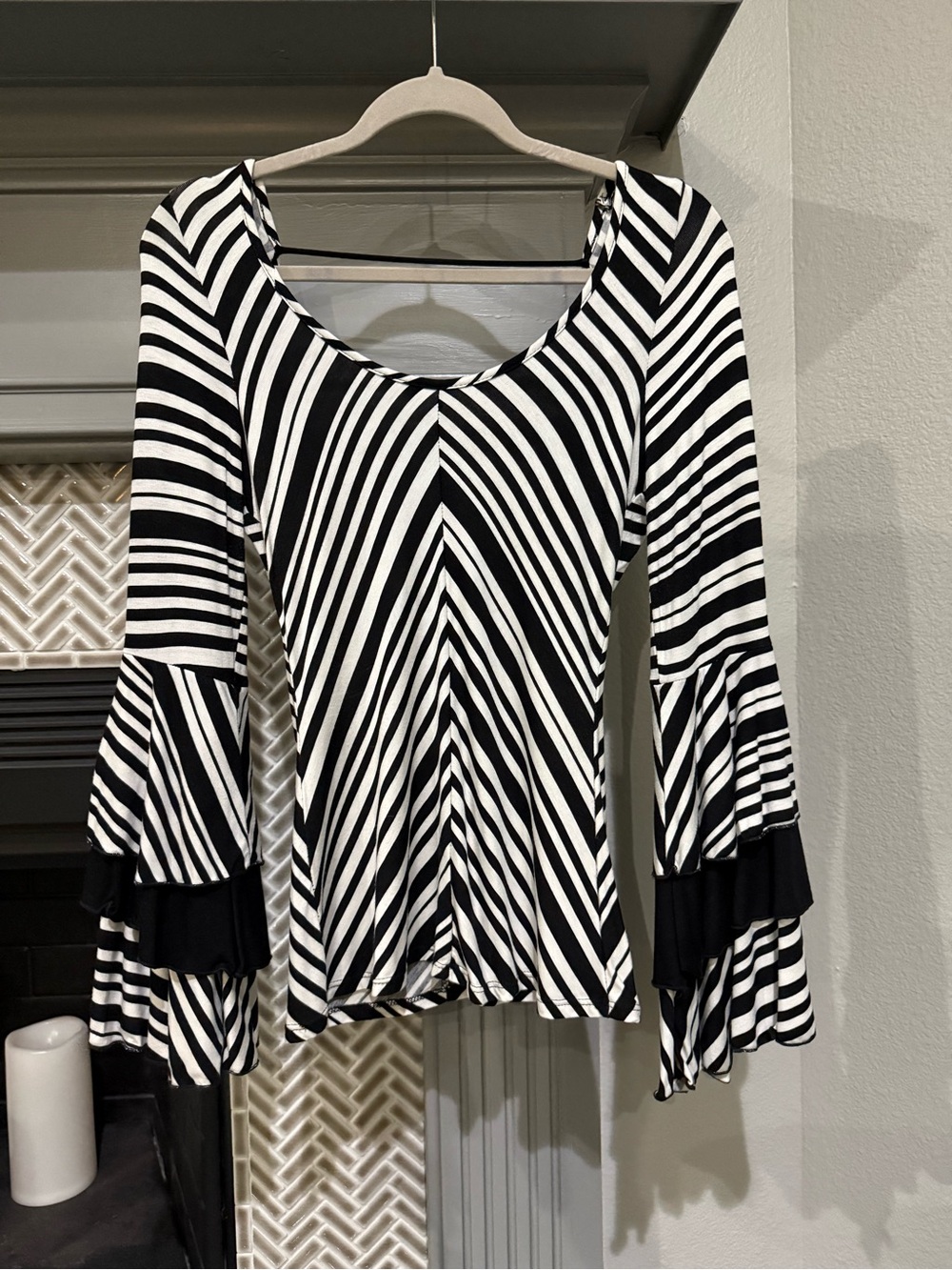 Black & White Striped Scoop Neck Bell Sleeve Top